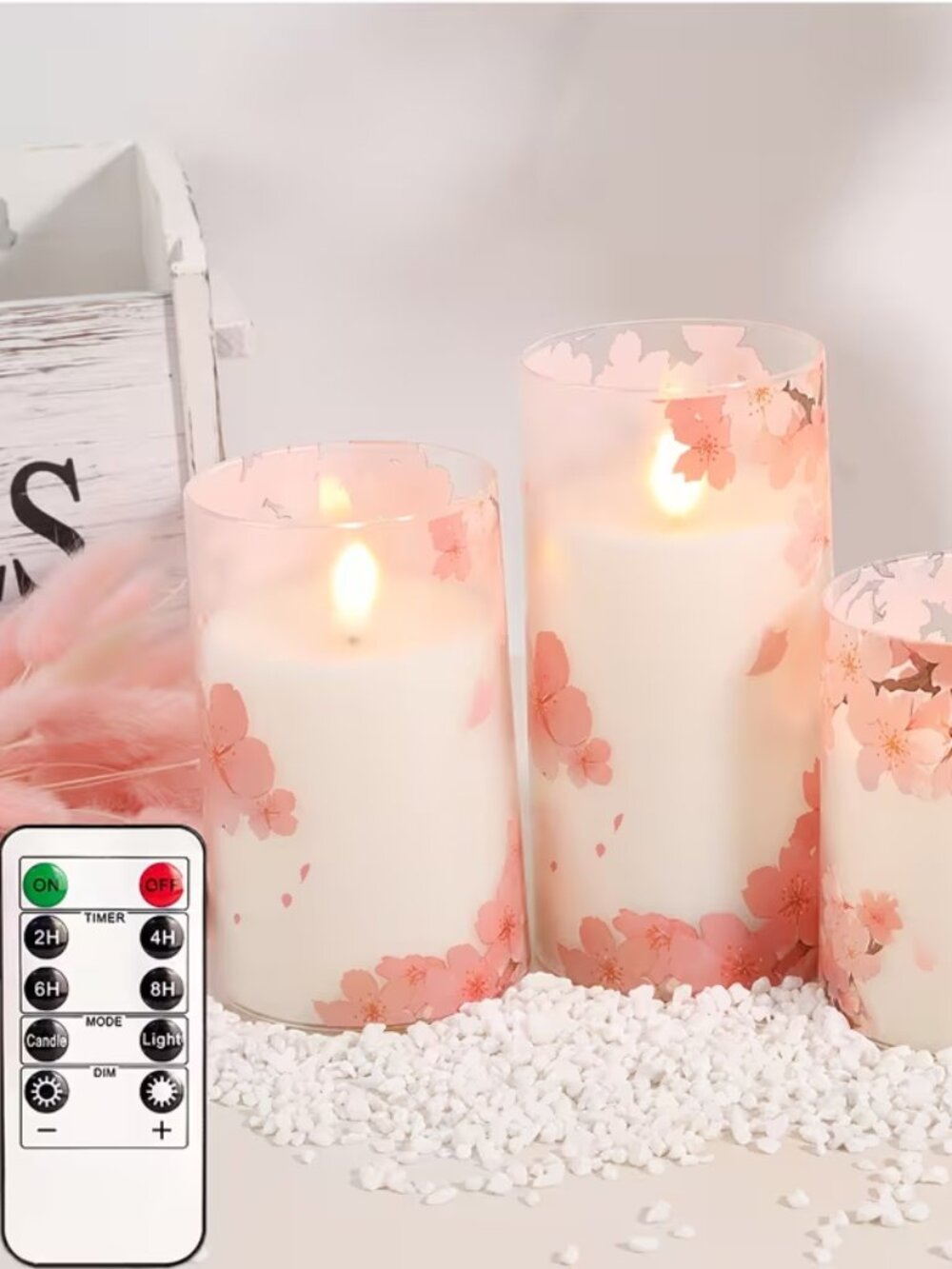 3 pc Flameless Cherry Blossom Candle Set with Remote/Timer - New